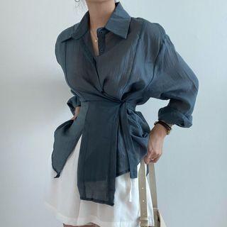 Long-sleeve Plain Irregular  Tie-strap Shirt