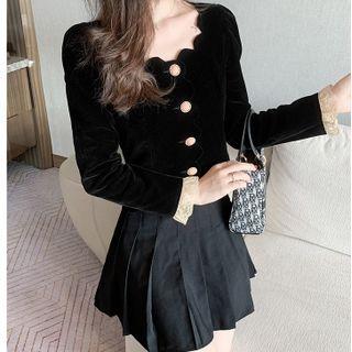 Long-sleeve Ruffle Trim Velvet Blouse