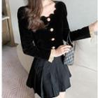 Long-sleeve Ruffle Trim Velvet Blouse
