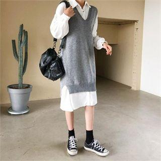 V-neck Slit-side Long Knit Vest