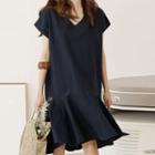 Plain Short-sleeve V-neck Ruffle Hem Midi A-line Dress