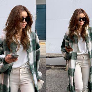 Contrast-hood Plaid Long Shirt Coat Green - One Size