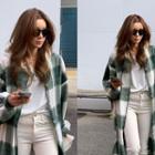 Contrast-hood Plaid Long Shirt Coat Green - One Size