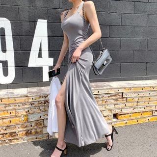 Halter-neck Shirred Split Midi Sheath Dress