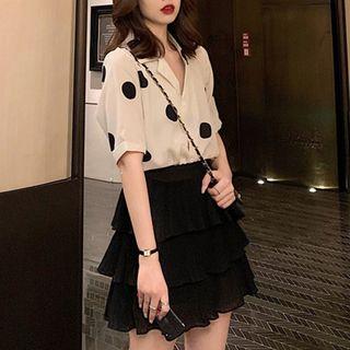 Set: Short Sleeve Dotted Blouse + Ruched Layered Mini Skirt