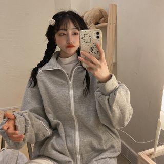 Fleece-lined Zip Hooded Jacket Gray - One Size