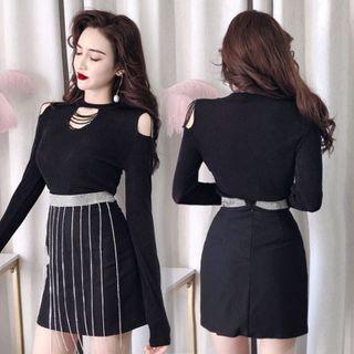 Long-sleeve Cold-shoulder Top / Mini Rhinestone Sheath Skirt