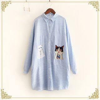 Cat Embroidered Striped Long Shirt