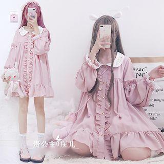 Long-sleeve Frill-trim Mini Dress Pink - One Size