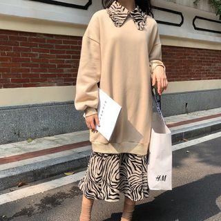Mock Two-piece Long-sleeve Zebra Print Midi Dress
