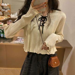 Plain Lace-up Long Sleeve Top