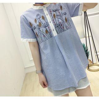 Short-sleeve Embroidered Striped Blouse