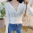 Lace-up Neck Sheer Knit Top