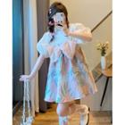 Spaghetti Strap Bow Mini A-line Dress / Puff-sleeve Blouse