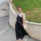 Set: Short-sleeve Lace Blouse + Midi Overall Dress