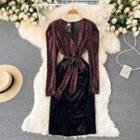 V-neck Sequin Panel Velvet Slit Dress