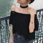 Off-shoulder Elbow-sleeve T-shirt Black - One Size