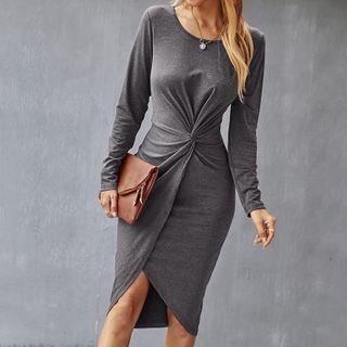 Long-sleeve Plain Ruched A-line Midi Dress