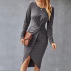 Long-sleeve Plain Ruched A-line Midi Dress