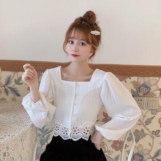 Long-sleeve Eyelet Lace Trim Square-neck Blouse