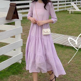 Elbow-sleeve A-line Midi Dress Purple - One Size