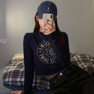 Brushed Printed Crop T-shirt Navy Blue - One Size