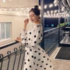 Gathered Long Polka-dot Dress