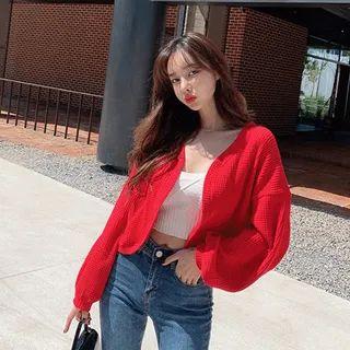 Open-front Waffle-knit Cropped Cardigan