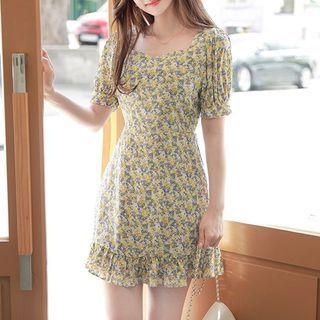 Square-neck Frill-hem Floral Minidress
