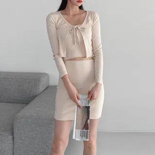 Set In 3: Tie-neck Crop Cardigan + Tube Top + Ribbed Miniskirt