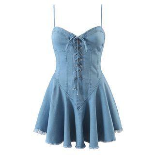Spaghetti Strap Lace-up Denim Mini A-line Dress