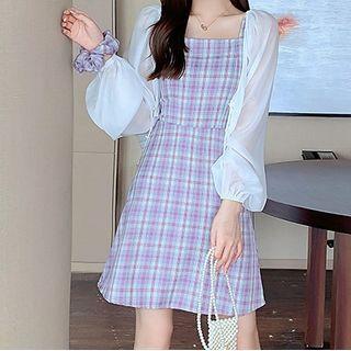Plaid Sleeveless Mini A-line Dress / Balloon-sleeve Jacket / Set