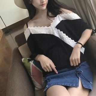 Color-block Loose-fit Short-sleeve Blouse