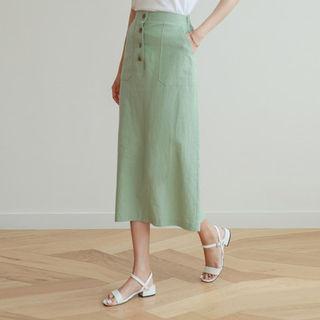 Buttoned Linen Blend Maxi Skirt