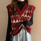 Long-sleeve Mock-neck Top / Diamond Pattern Sweater Vest