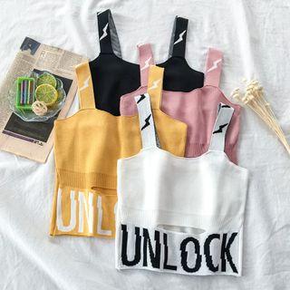 Lightning Print Wide Strap Lettering Cutout Knit Top