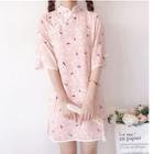Traditional Chinese Elbow-sleeve Patterned Mini Dress Pink - One Size