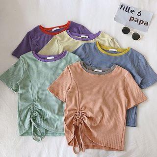 Striped Frilled Drawcord Lace-up Short-sleeve Top