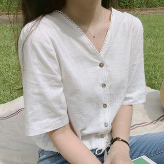 Short Sleeve Drawstring Waist Blouse