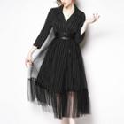 Mesh Panel Striped 3/4-sleeve A-line Dress