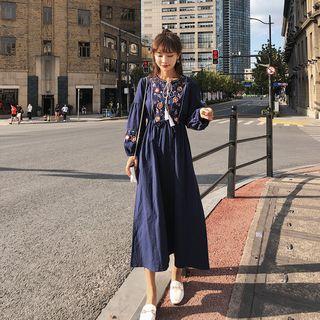 Lantern-sleeve Embroidered Midi A-line Dress