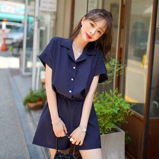 Shirt-collar Banded-waist Playsuit
