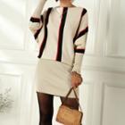 Batwing-sleeve Striped Panel Mini Sheath Sweater Dress