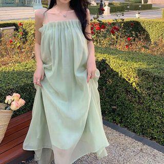 Spaghetti-strap Plain Ruffle Trim Loose Fit Sheer Midi Dress