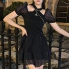 Puff-sleeve Cutout Mesh Panel Dress