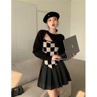 Checker Print Knit Camisole Top / Pleated A-line Skirt / Crop Sweater