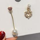 Non-matching Faux Pearl Heart Drop Earring 1 Pair - Silver Needle - Earring - Love Heart & Faux Pearl - Gold - One Size