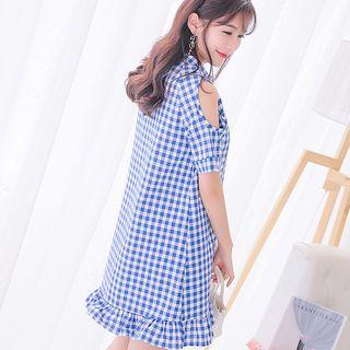 Off-shoulder Ruffled-hem Plaid Tunic