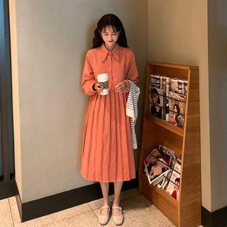 Puff-sleeve Pleated-hem Shirtdress Orange - One Size