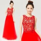Lace Panel Sleeveless Sheath Evening Gown